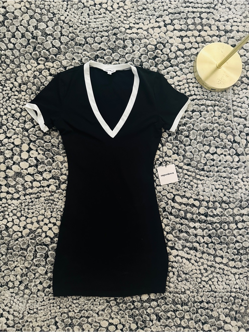 superdown Black Mini Dress with White V-Neck Trim